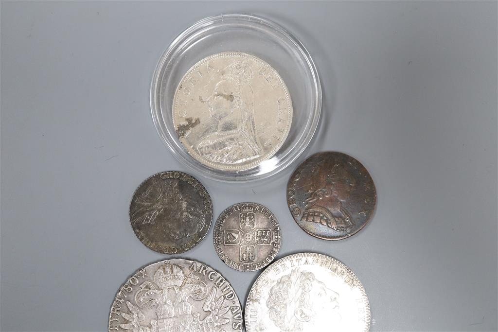 A Charles II 1673 crown, an 1889 double florin, an 1818 crown, a